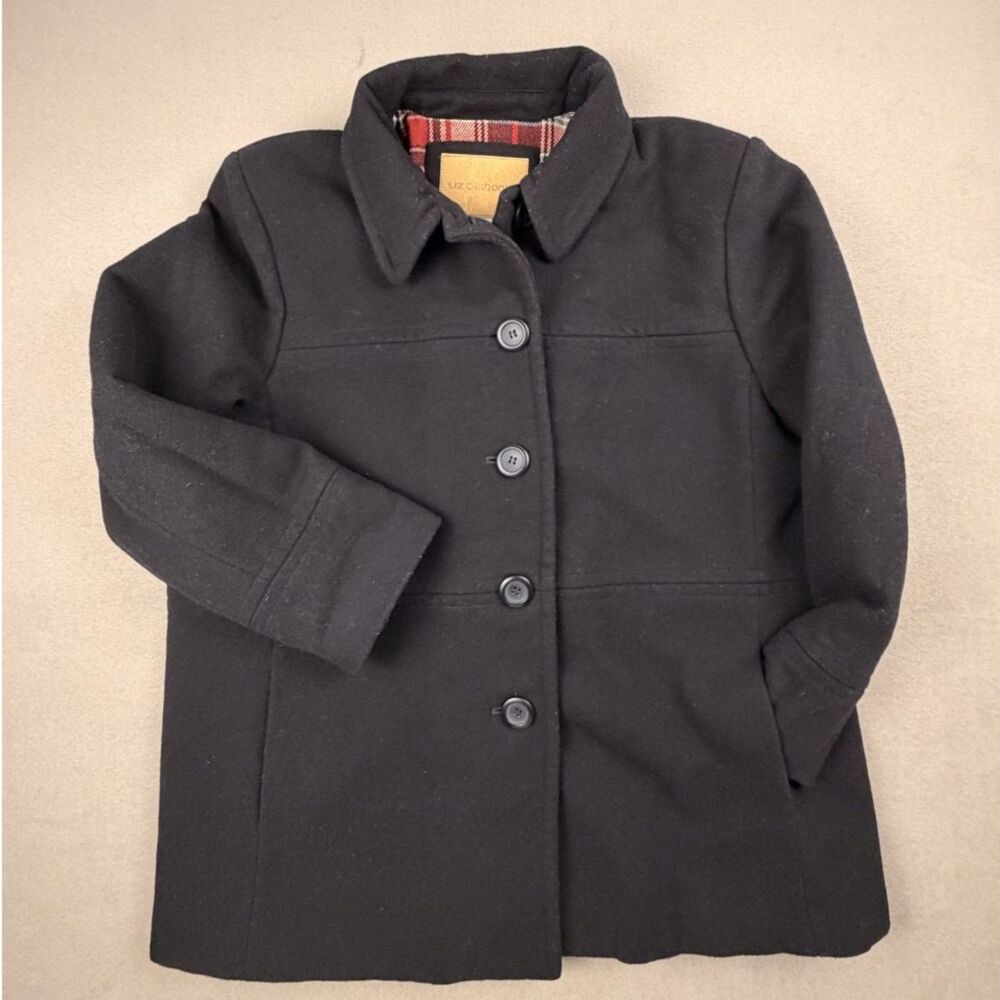Liz Claiborne Women's Wool Blend Pea Coat Black Quilted Plaid Lining Jacket XL
